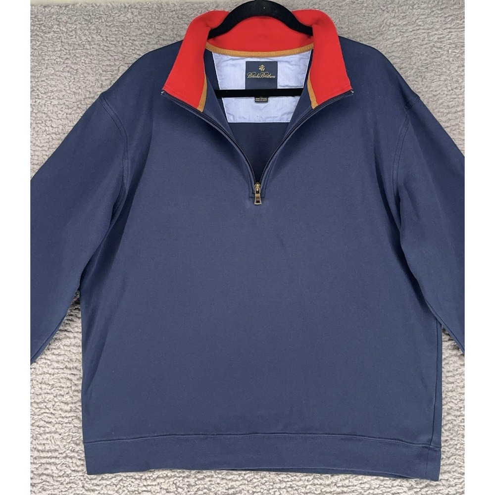 Brooks Brothers Mens 1/4 Zip Pullover XL‎ Navy Blue Red White Trim Classic Prep